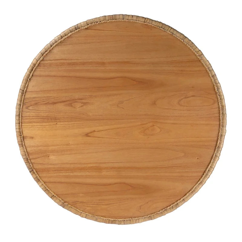 Table basse ronde tambour en rotin naturel et jacinthe d'eau avec plateau en placage de mindi – Simple
