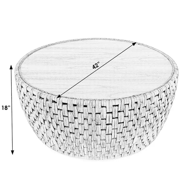 Table basse ronde tambour en rotin naturel et jacinthe d'eau avec plateau en placage de mindi – Simple