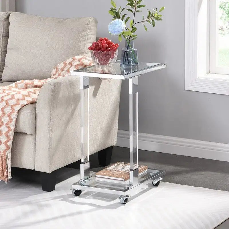 Table d'appoint en forme de C chromée et dorée – Plateau en verre trempé, une personne
