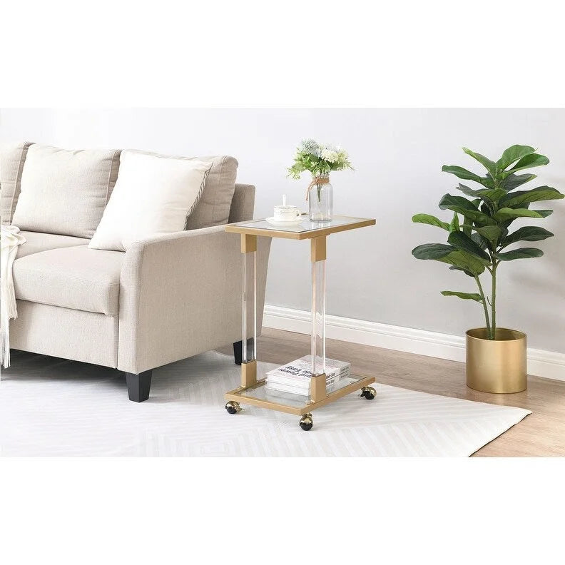 Table d'appoint en forme de C chromée et dorée – Plateau en verre trempé, une personne
