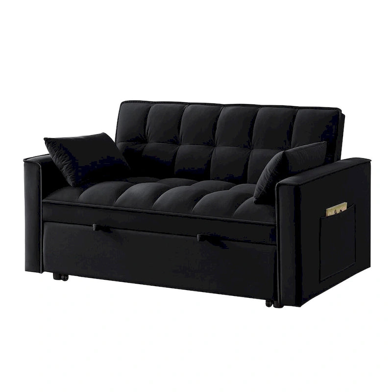 Canapé-lit convertible 4-en-1 en velours noir/taupe/bleu marine avec dossier inclinable et 2 poches latérales – 2 places