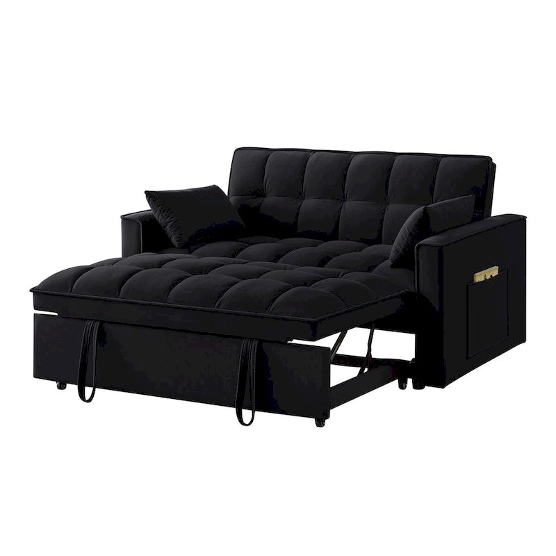 Canapé-lit convertible 4-en-1 en velours noir/taupe/bleu marine avec dossier inclinable et 2 poches latérales – 2 places