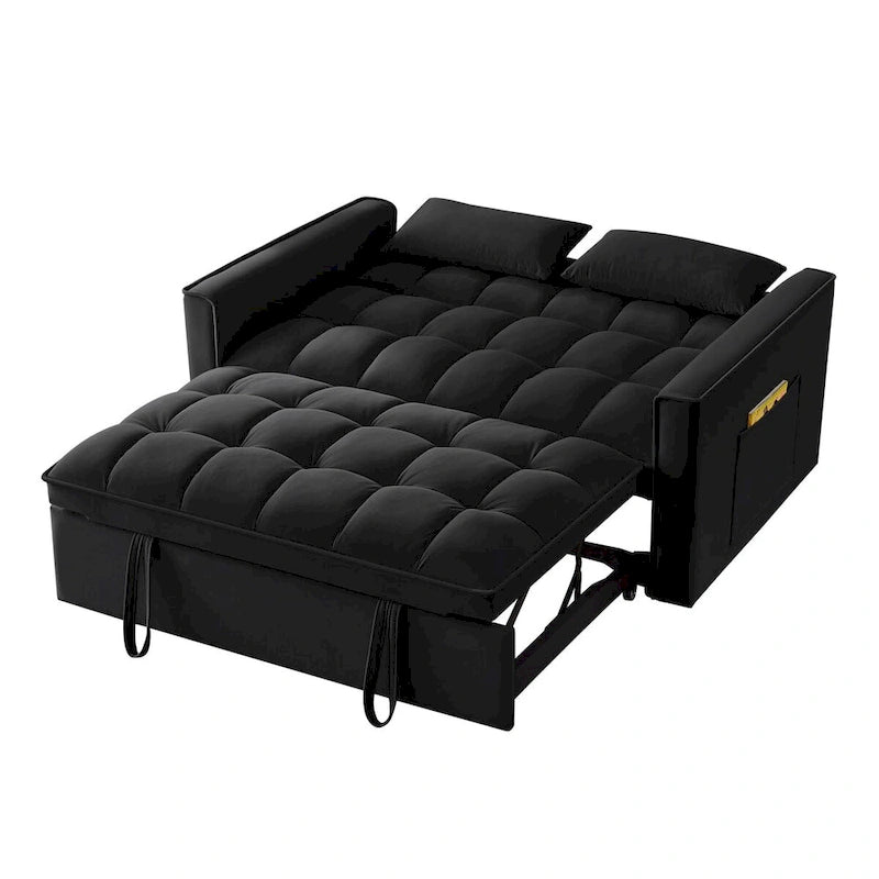 Canapé-lit convertible 4-en-1 en velours noir/taupe/bleu marine avec dossier inclinable et 2 poches latérales – 2 places
