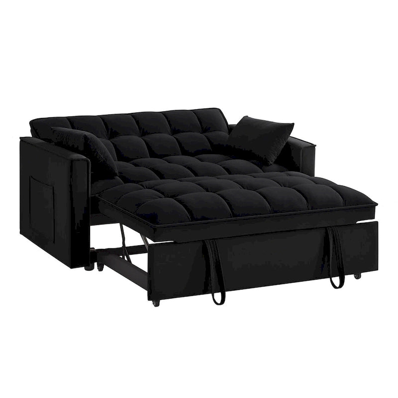 Canapé-lit convertible 4-en-1 en velours noir/taupe/bleu marine avec dossier inclinable et 2 poches latérales – 2 places