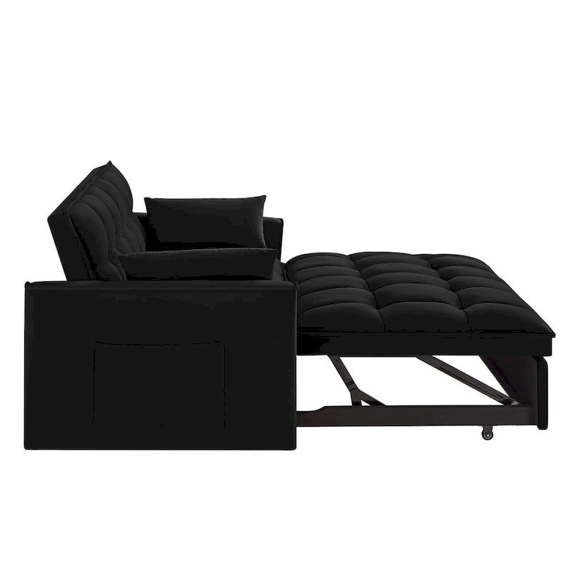 Canapé-lit convertible 4-en-1 en velours noir/taupe/bleu marine avec dossier inclinable et 2 poches latérales – 2 places