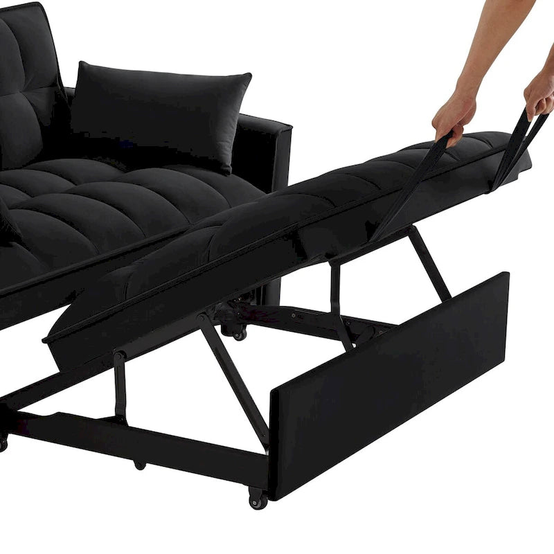 Canapé-lit convertible 4-en-1 en velours noir/taupe/bleu marine avec dossier inclinable et 2 poches latérales – 2 places