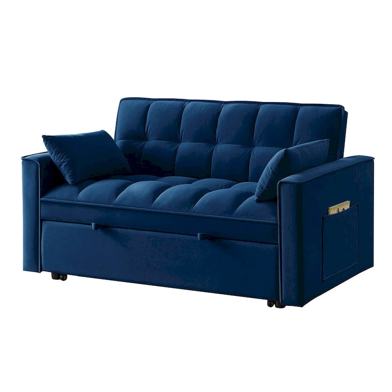 Canapé-lit convertible 4-en-1 en velours noir/taupe/bleu marine avec dossier inclinable et 2 poches latérales – 2 places