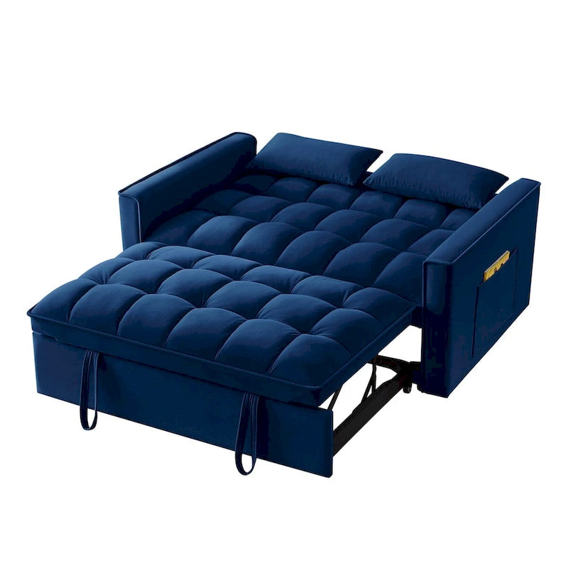 Canapé-lit convertible 4-en-1 en velours noir/taupe/bleu marine avec dossier inclinable et 2 poches latérales – 2 places