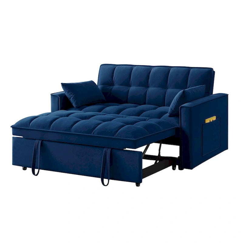 Canapé-lit convertible 4-en-1 en velours noir/taupe/bleu marine avec dossier inclinable et 2 poches latérales – 2 places