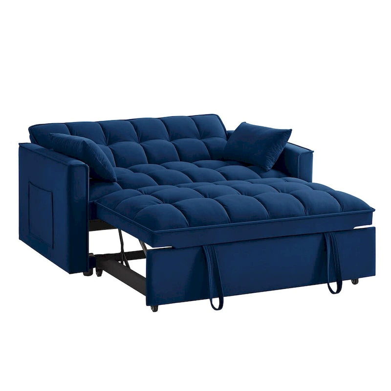 Canapé-lit convertible 4-en-1 en velours noir/taupe/bleu marine avec dossier inclinable et 2 poches latérales – 2 places