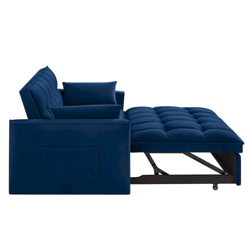 Canapé-lit convertible 4-en-1 en velours noir/taupe/bleu marine avec dossier inclinable et 2 poches latérales – 2 places