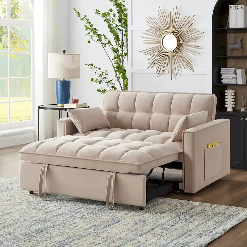 Canapé-lit convertible 4-en-1 en velours noir/taupe/bleu marine avec dossier inclinable et 2 poches latérales – 2 places