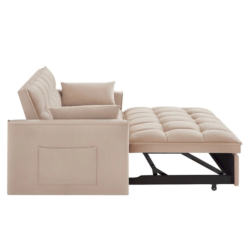 Canapé-lit convertible 4-en-1 en velours noir/taupe/bleu marine avec dossier inclinable et 2 poches latérales – 2 places