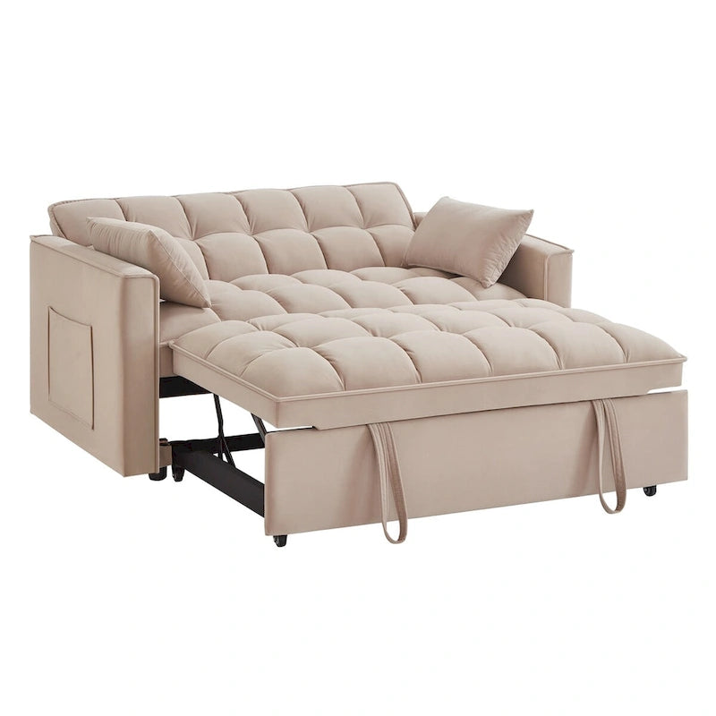 Canapé-lit convertible 4-en-1 en velours noir/taupe/bleu marine avec dossier inclinable et 2 poches latérales – 2 places