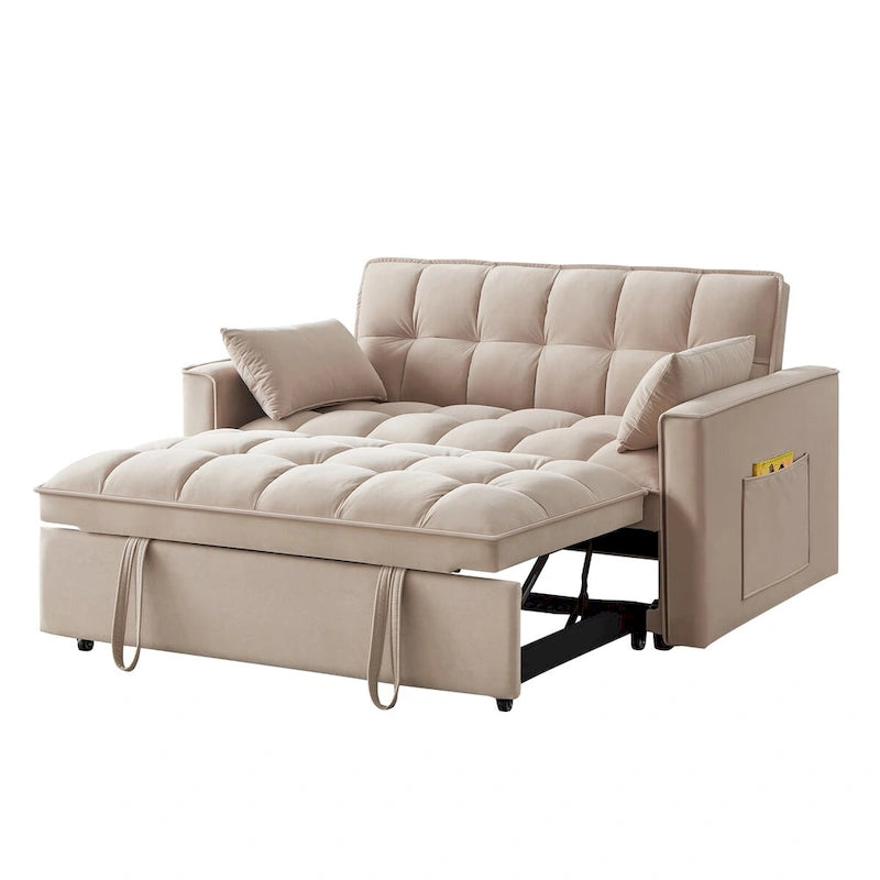 Canapé-lit convertible 4-en-1 en velours noir/taupe/bleu marine avec dossier inclinable et 2 poches latérales – 2 places