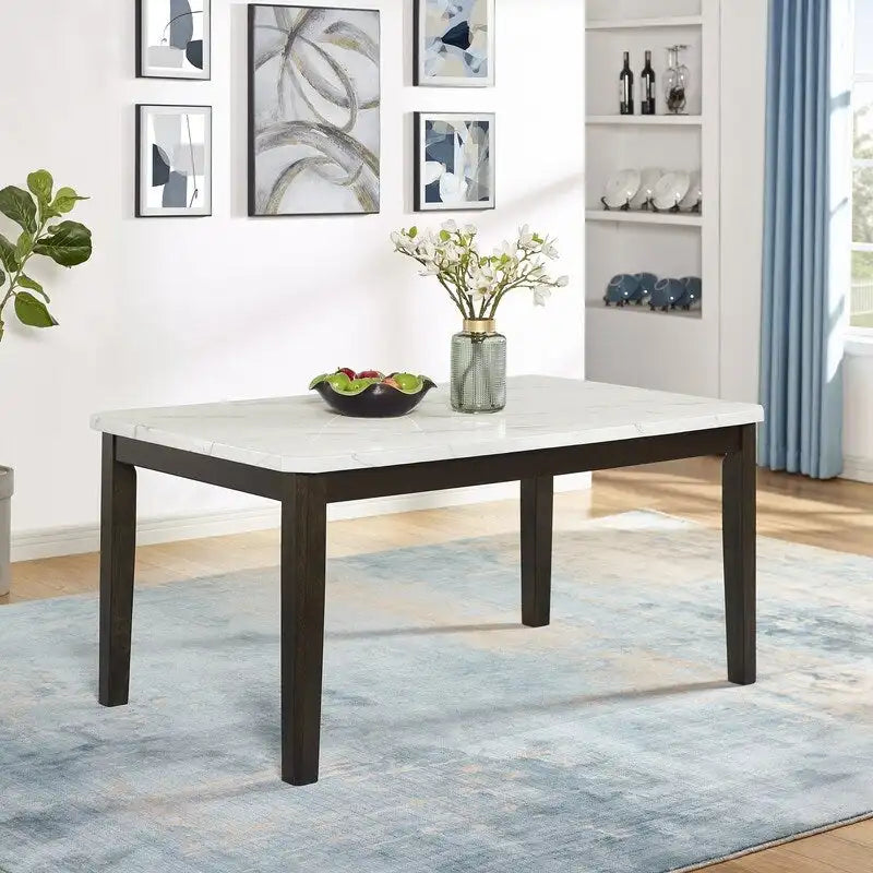Table à manger rectangulaire en faux marbre blanc avec pieds en bois marron – 4 à 6 places