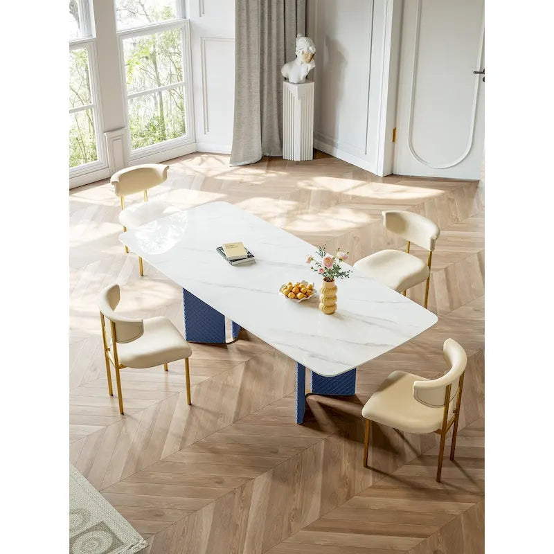 Table à manger rectangulaire en pierre frittée blanche avec double piédestal – 8 places