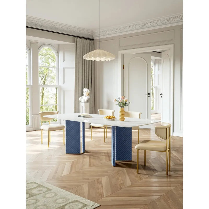 Table à manger rectangulaire en pierre frittée blanche avec double piédestal – 8 places