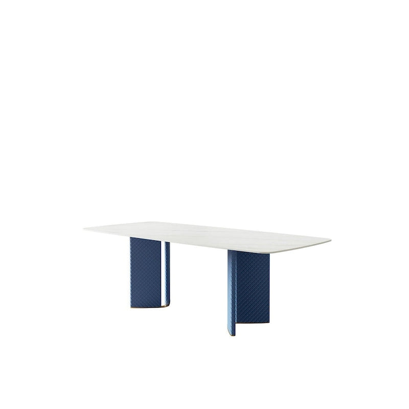 Table à manger rectangulaire en pierre frittée blanche avec double piédestal – 8 places