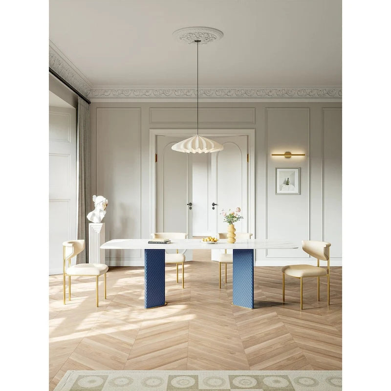 Table à manger rectangulaire en pierre frittée blanche avec double piédestal – 8 places