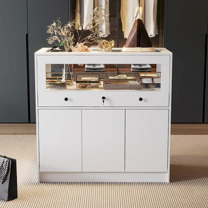 Display Cabinet with Tempered Glass Top and Lockable Storage Closet - 39.4 