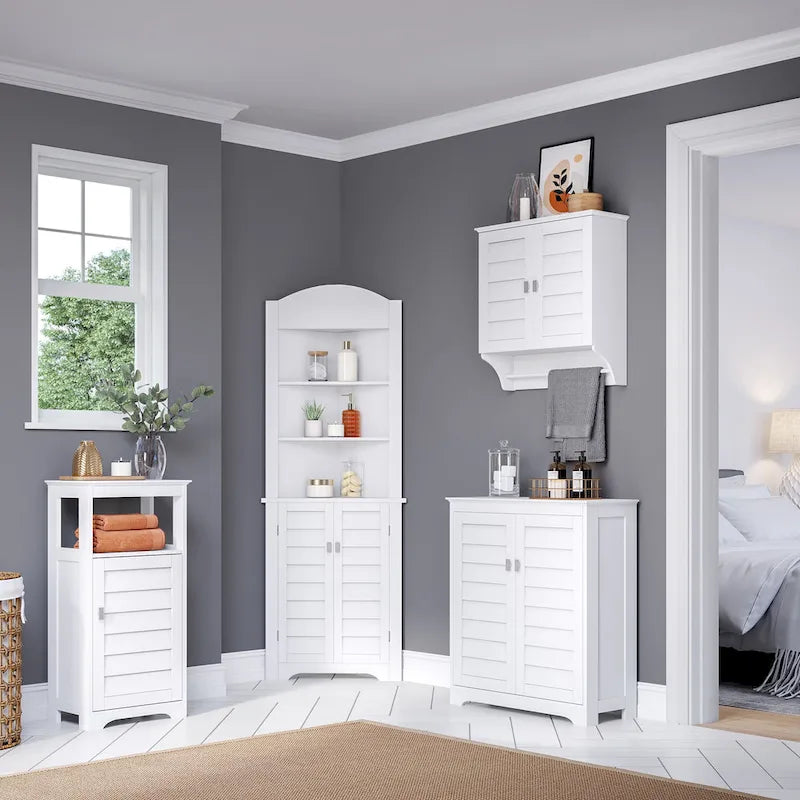 Meuble de rangement bas 2 portes en MDF peint blanc avec portes persiennes et étagères réglables – Simple
