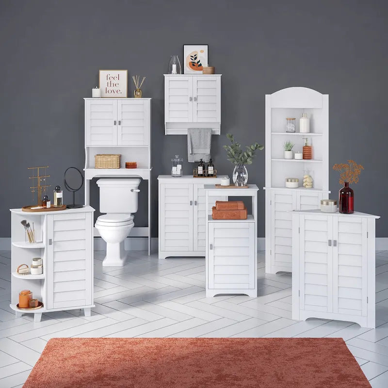 Meuble de rangement bas 2 portes en MDF peint blanc avec portes persiennes et étagères réglables – Simple
