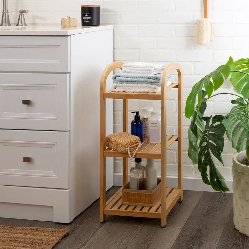 Tour de rangement à 3 niveaux en bambou naturel avec pieds réglables – Simple