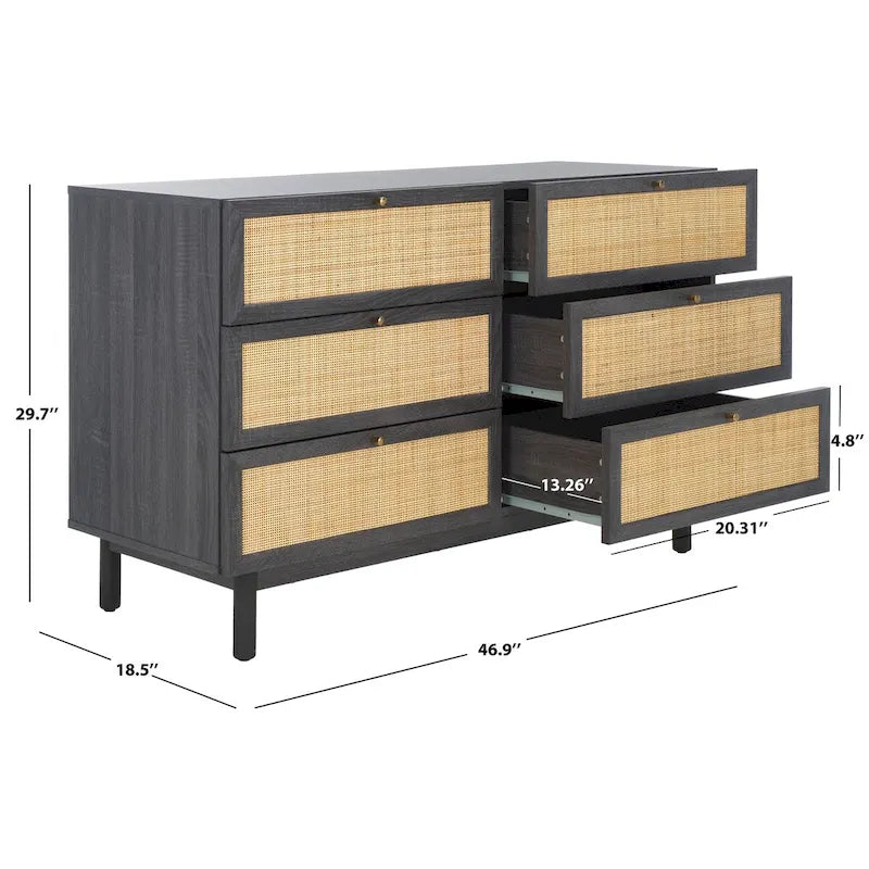 Commode à 6 tiroirs en cannage de rotin noir / blanc blanchi / noyer / chêne / noir vieilli avec poignées dorées – Simple