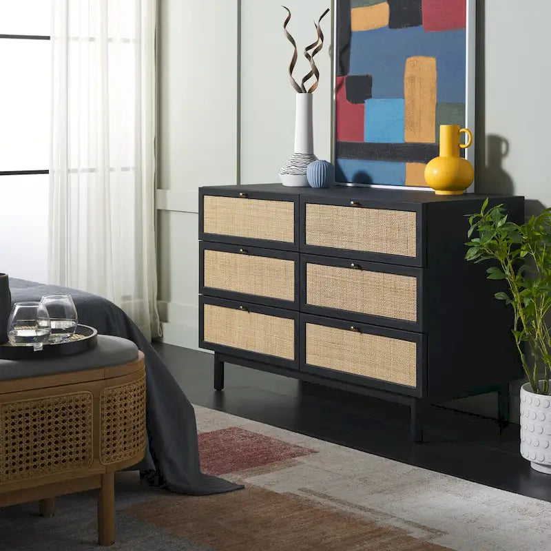 Commode à 6 tiroirs en cannage de rotin noir / blanc blanchi / noyer / chêne / noir vieilli avec poignées dorées – Simple