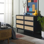 Commode à 6 tiroirs en cannage de rotin noir / blanc blanchi / noyer / chêne / noir vieilli avec poignées dorées – Simple