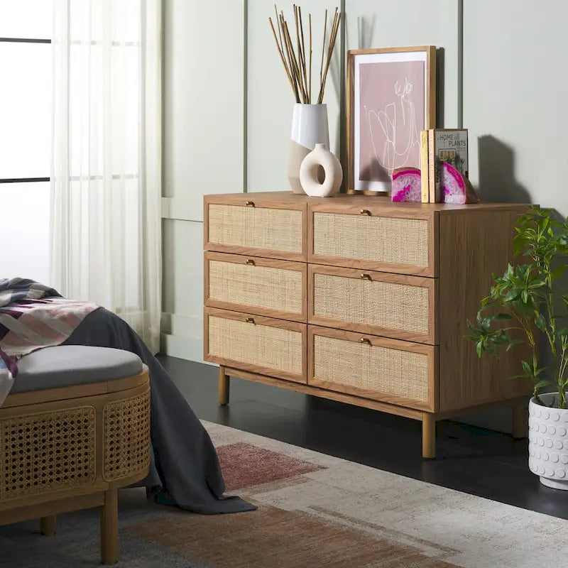 Commode à 6 tiroirs en cannage de rotin noir / blanc blanchi / noyer / chêne / noir vieilli avec poignées dorées – Simple