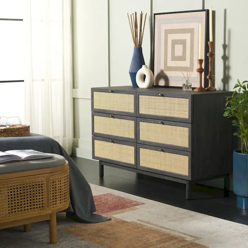 Commode à 6 tiroirs en cannage de rotin noir / blanc blanchi / noyer / chêne / noir vieilli avec poignées dorées – Simple