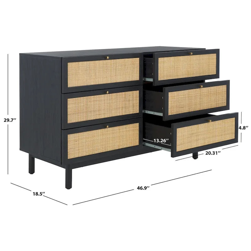Commode à 6 tiroirs en cannage de rotin noir / blanc blanchi / noyer / chêne / noir vieilli avec poignées dorées – Simple