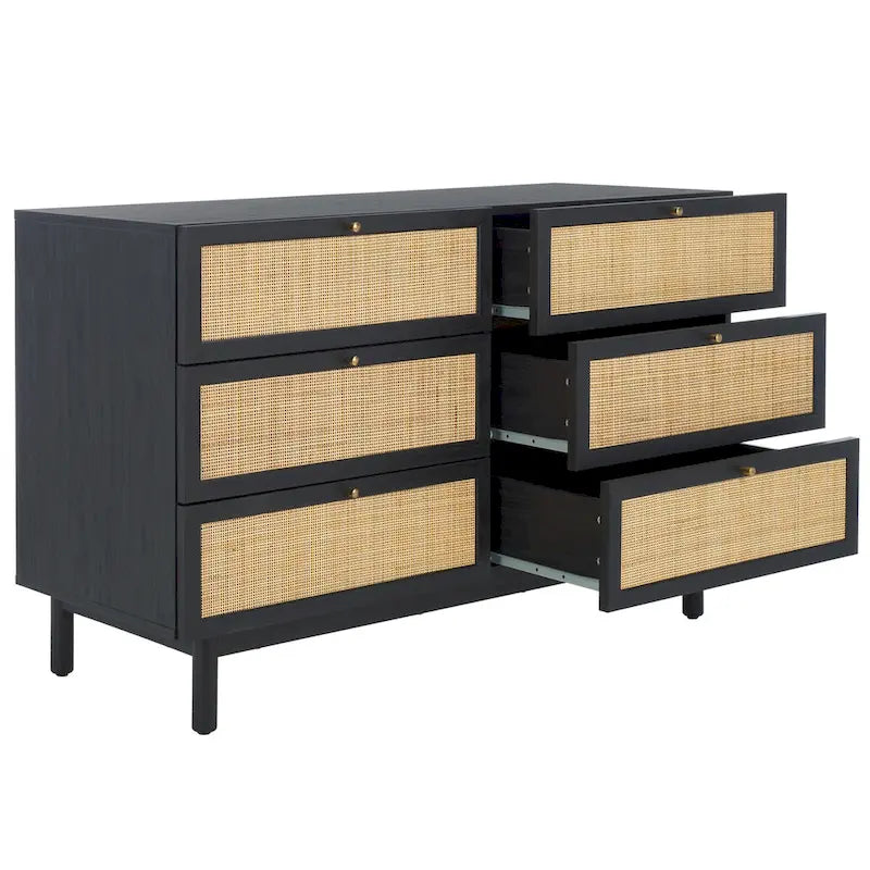 Commode à 6 tiroirs en cannage de rotin noir / blanc blanchi / noyer / chêne / noir vieilli avec poignées dorées – Simple