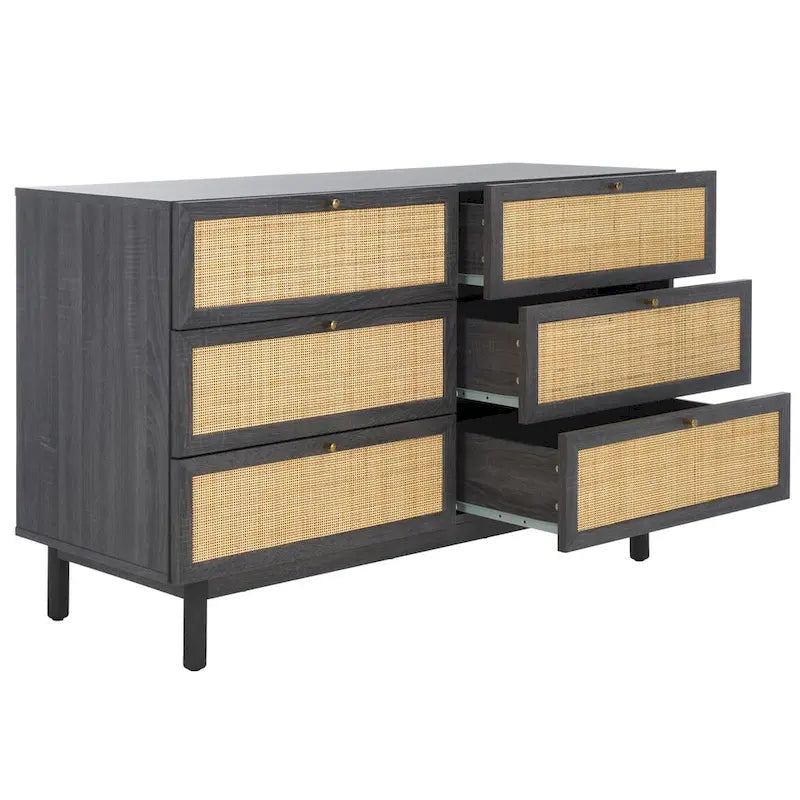 Commode à 6 tiroirs en cannage de rotin noir / blanc blanchi / noyer / chêne / noir vieilli avec poignées dorées – Simple