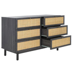 Commode à 6 tiroirs en cannage de rotin noir / blanc blanchi / noyer / chêne / noir vieilli avec poignées dorées – Simple