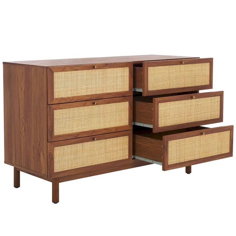Commode à 6 tiroirs en cannage de rotin noir / blanc blanchi / noyer / chêne / noir vieilli avec poignées dorées – Simple