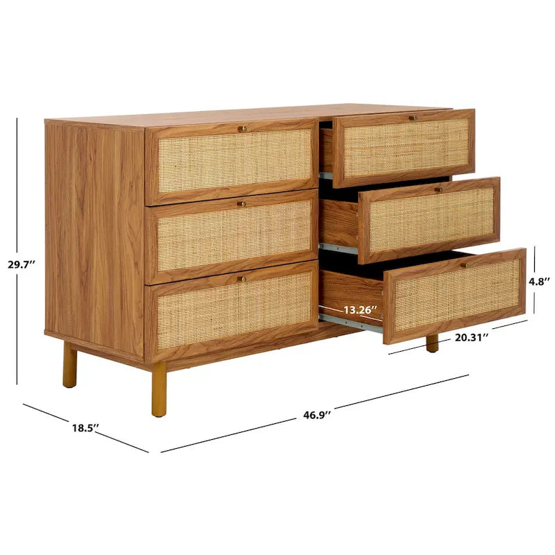 Commode à 6 tiroirs en cannage de rotin noir / blanc blanchi / noyer / chêne / noir vieilli avec poignées dorées – Simple