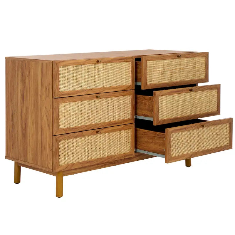 Commode à 6 tiroirs en cannage de rotin noir / blanc blanchi / noyer / chêne / noir vieilli avec poignées dorées – Simple