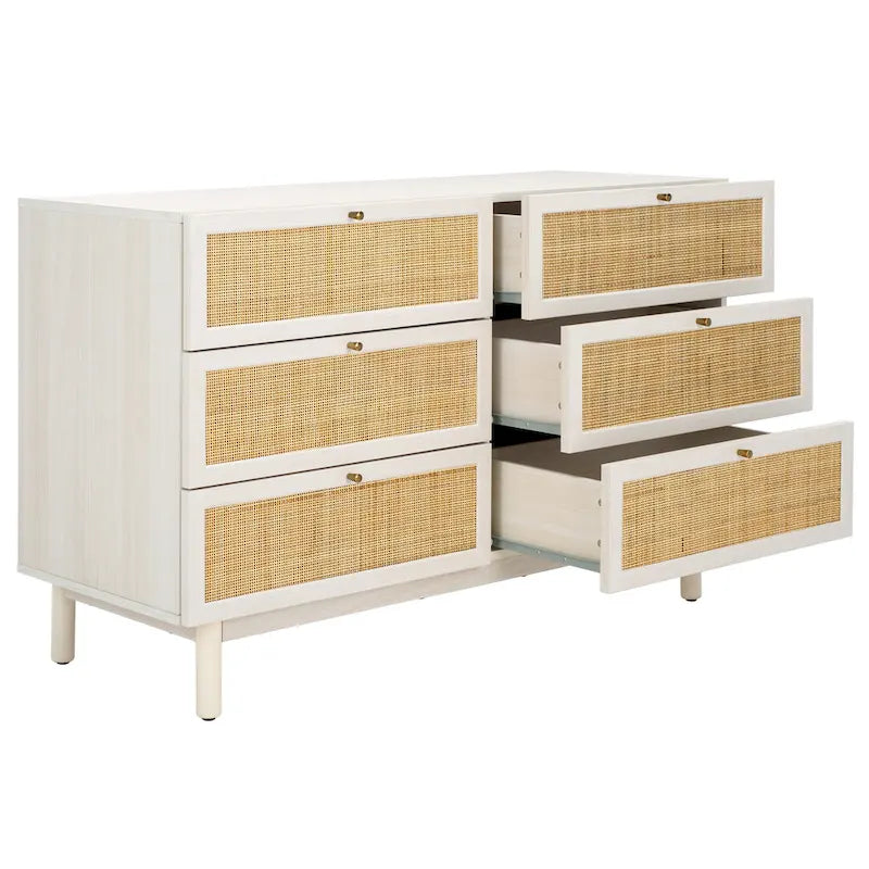 Commode à 6 tiroirs en cannage de rotin noir / blanc blanchi / noyer / chêne / noir vieilli avec poignées dorées – Simple